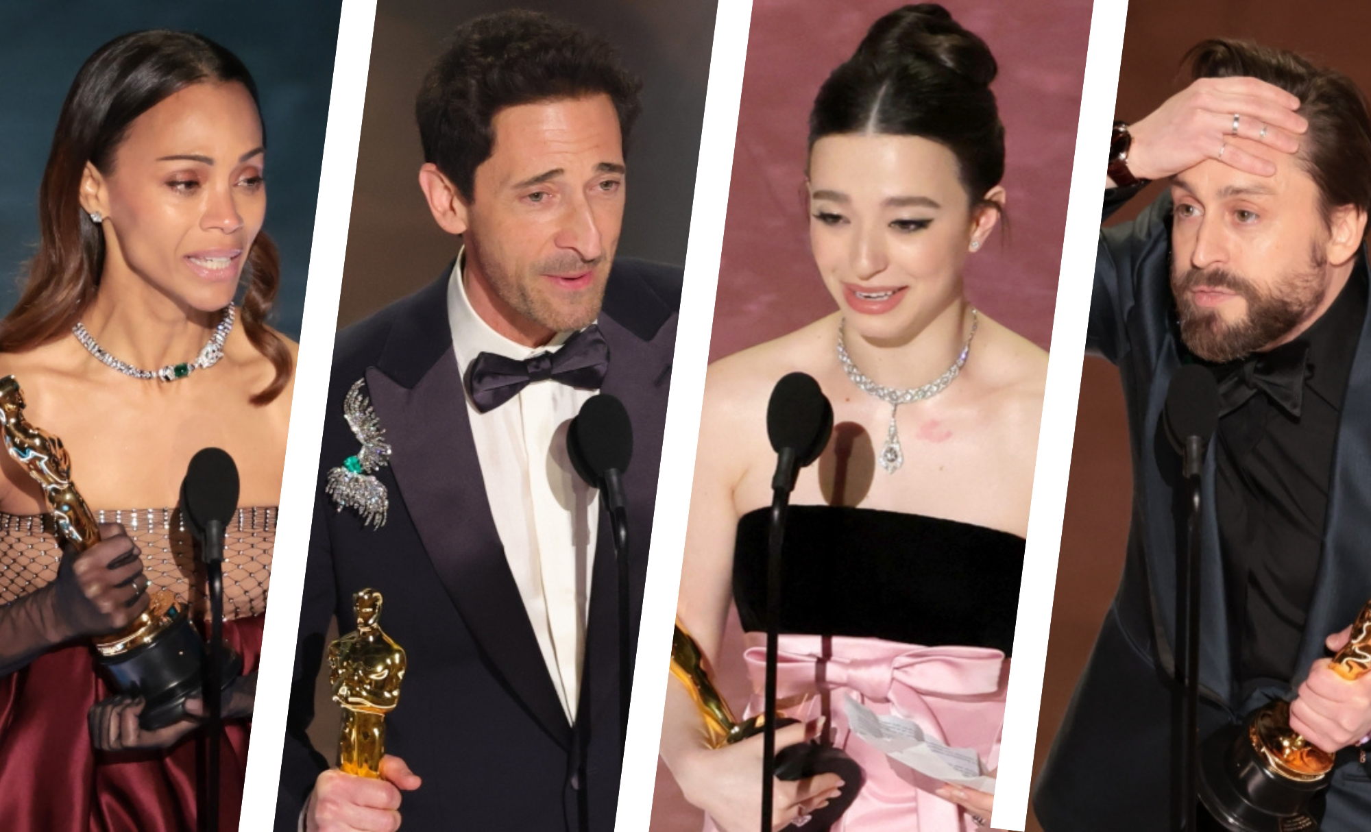 Quattro vincitori degli Oscar 2025 sul palco mentre tengono in mano le loro statuette dorate e pronunciano il discorso di ringraziamento. L'immagine è divisa in quattro sezioni, mostrando espressioni diverse: emozione, sorpresa e gratitudine. Lo sfondo varia tra tonalità dorate e rosa, con un microfono davanti a ciascun vincitore.